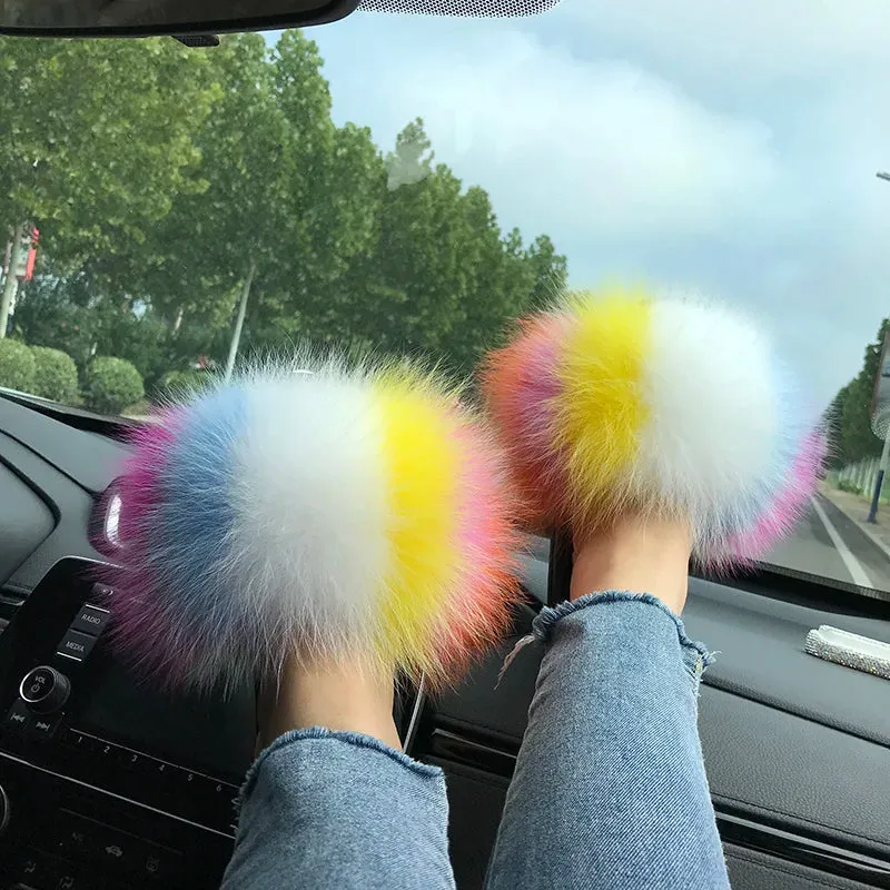 Flip Flops Wide Width Summer Real Fur Slippers Ladies Indoor Furry Fur Flip Flops Women Plush Fox Fur Slides For Women House Shoes Woman Slipper Beach