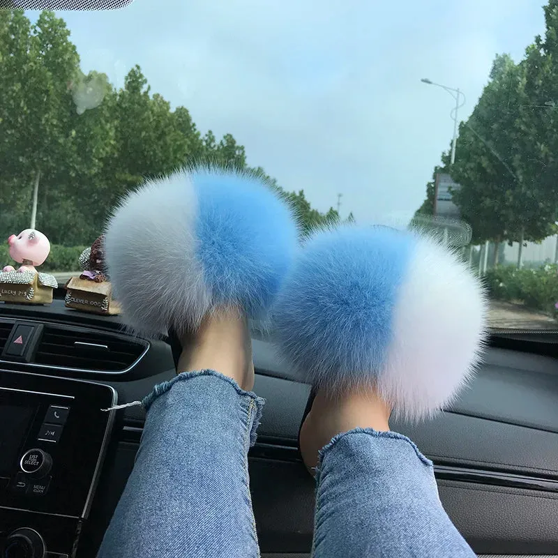 Podiatrist Designed Flip Flops Summer Real Fur Slippers Ladies Indoor Furry Fur Flip Flops Women Plush Fox Fur Slides For Women House Shoes Woman Slipper Beach