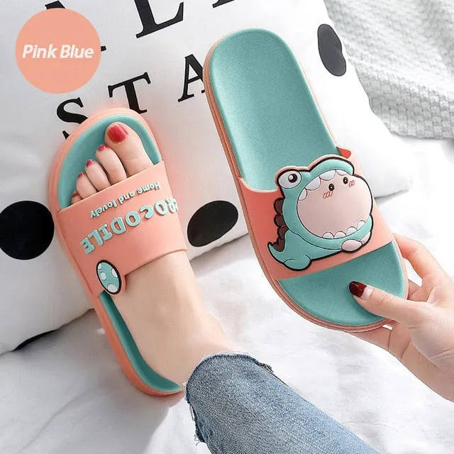 Summer Women Cute Animal Floor Flat Shoes Indoor Flip Flops Non-Slip Bathroom Home Slippers Female Beach Shoe Stick On Flip Flops