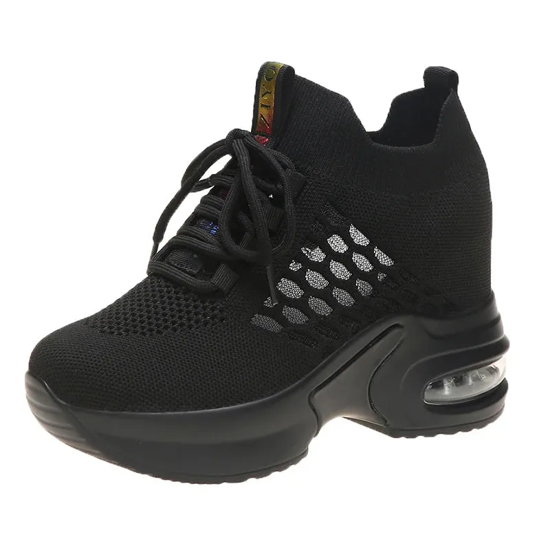 Wide Leg Jeans With Sneakers Breathable Mesh Sneakers Summer 9CM Hollow Out Sport White Shoes Woman Wedge Casual Chunky Shoes High Platform Dad Shoe Mujer