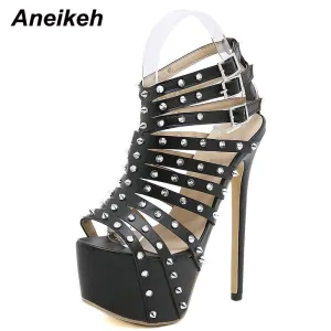 Aneikeh Gladiator Rivet High Sandals Low Wedge Heeled Sandals