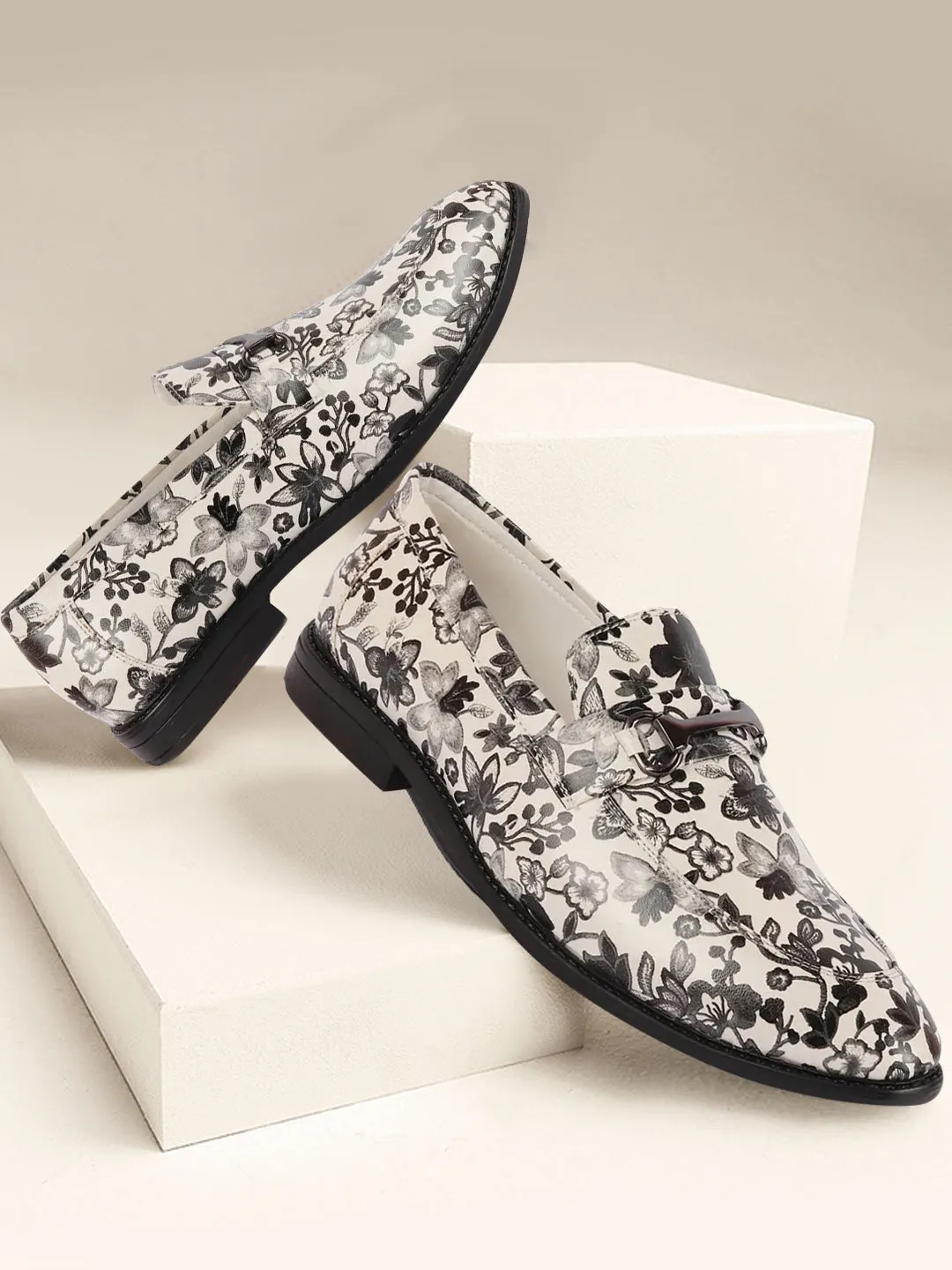 Platform Heeled Loafers Men Grey Floral Print Horsebit Buckle Weekend Wedding Evening Party Shoes Loafers