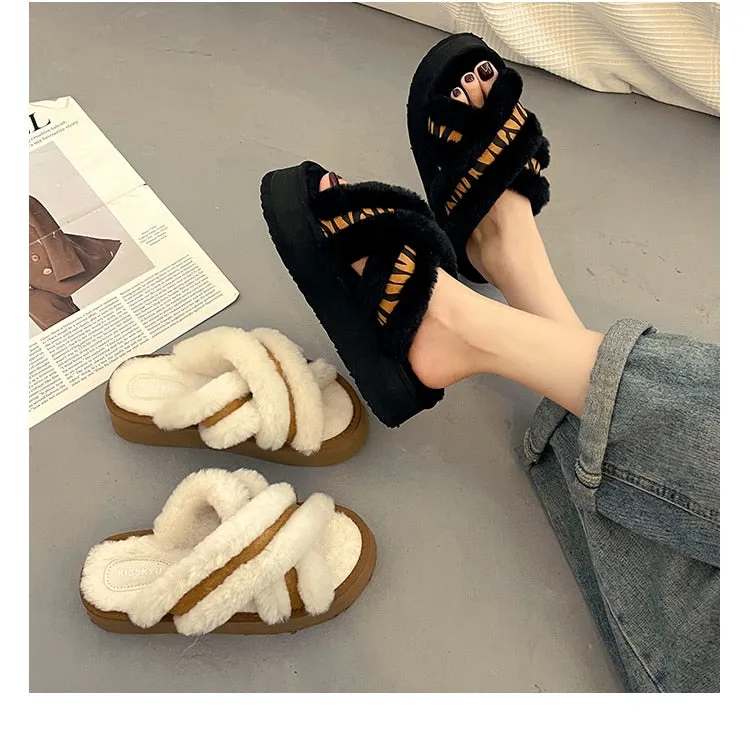 Western Flip Flops With Bling Slippers Casual Shoes Flock Platform Med Slipers Women Fur Flip Flops Slides Luxury Flat Plush PU Rubber Basic Fur Shoes Wo