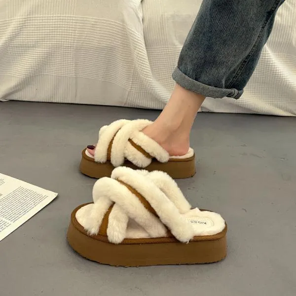 Slippers Casual Shoes Flock Platform Med Slipers Women Fur Flip Flops Slides Luxury Flat Plush PU Rubber Basic Fur Shoes Wo Happy Birthday With Flip Flops