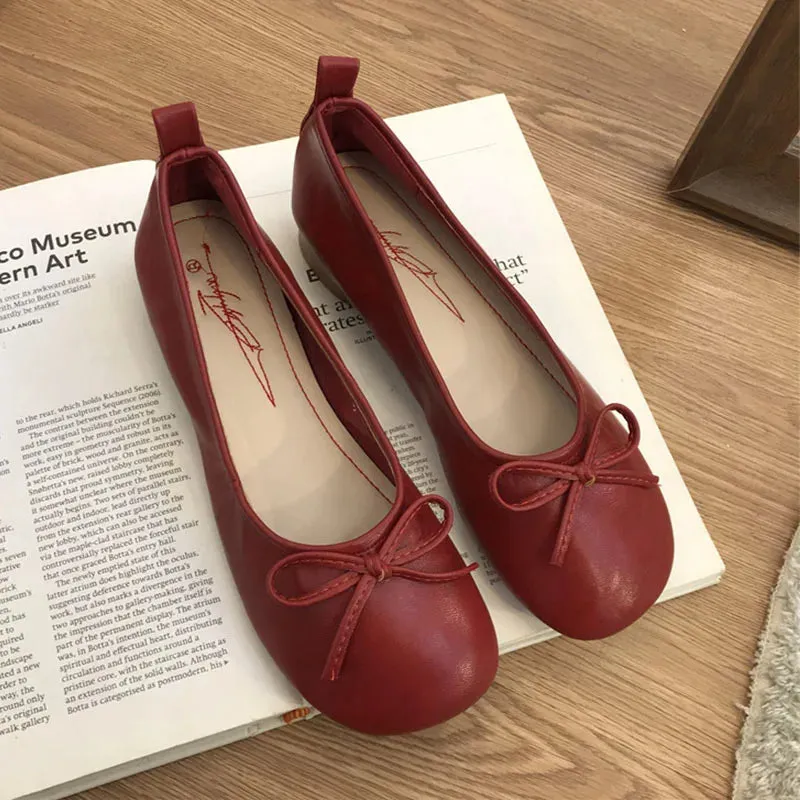 TAVIMART  -   Butterfly Knot Loafers Women Red Leather Casual Shoes Slip on Shoes for Women Barefoot Shoes Square Toe   Loafers Baltimore National Pike