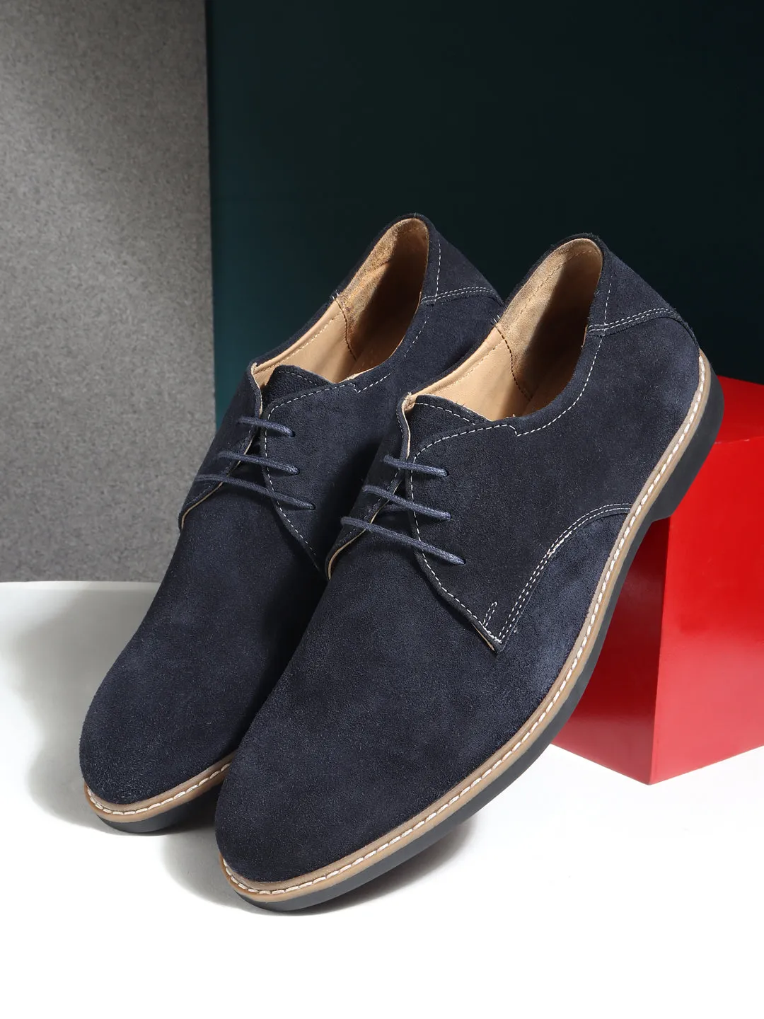 Teakwood Men Blue Solid Round Toe Suede Derbys Sneakers Wide Toe Box