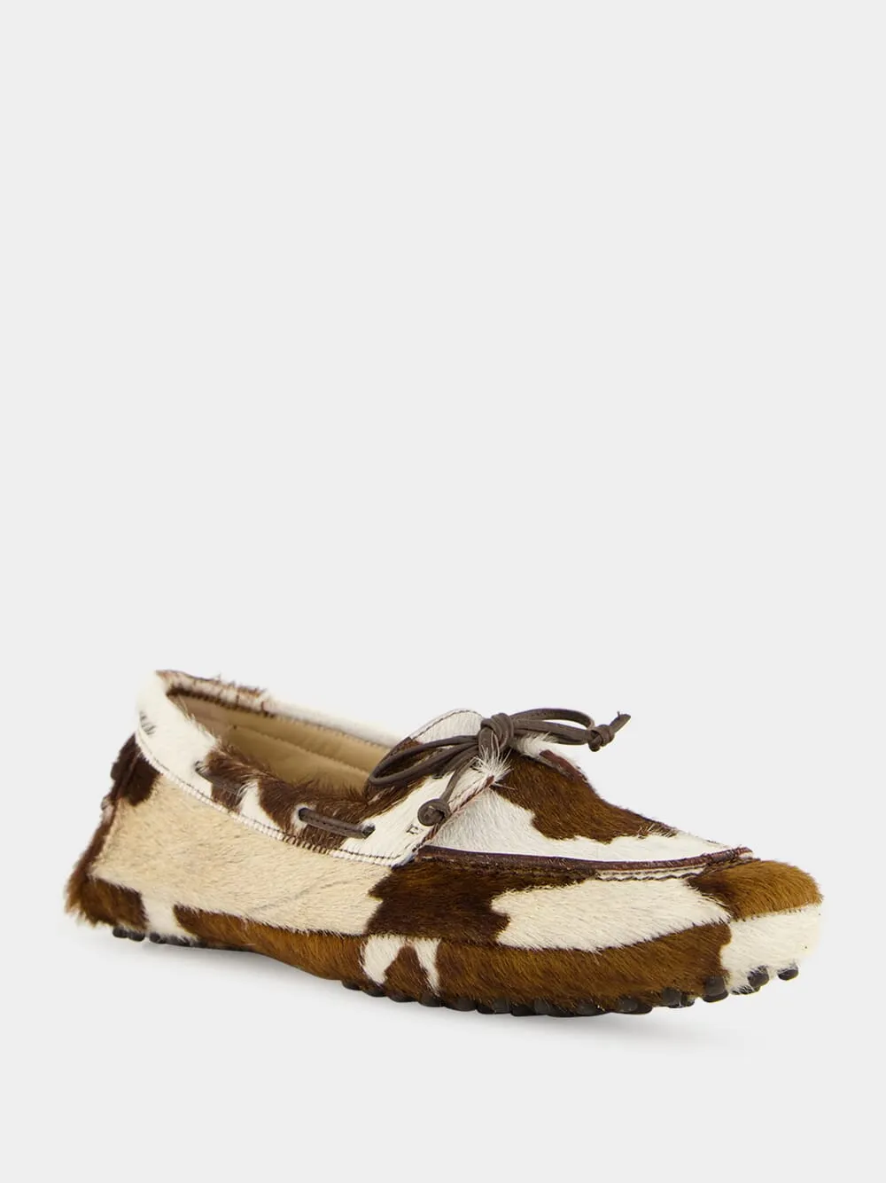 Cow Print Calf Hair Driver Moccasins Double Chocolate Leather Loafers