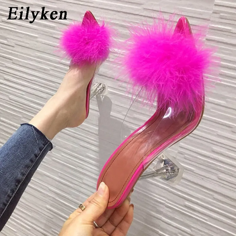 Transparent Feather High Heels Fur Slippers Woman Peep Toe Mules Lady Pumps Slides White Shoes Fashionable Slippers