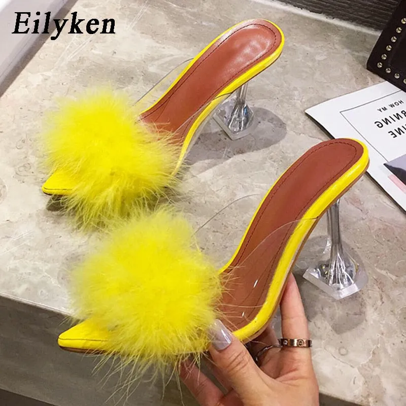 Transparent Feather High Heels Fur Slippers Woman Peep Toe Mules Lady Pumps Slides White Shoes Babushka Slippers