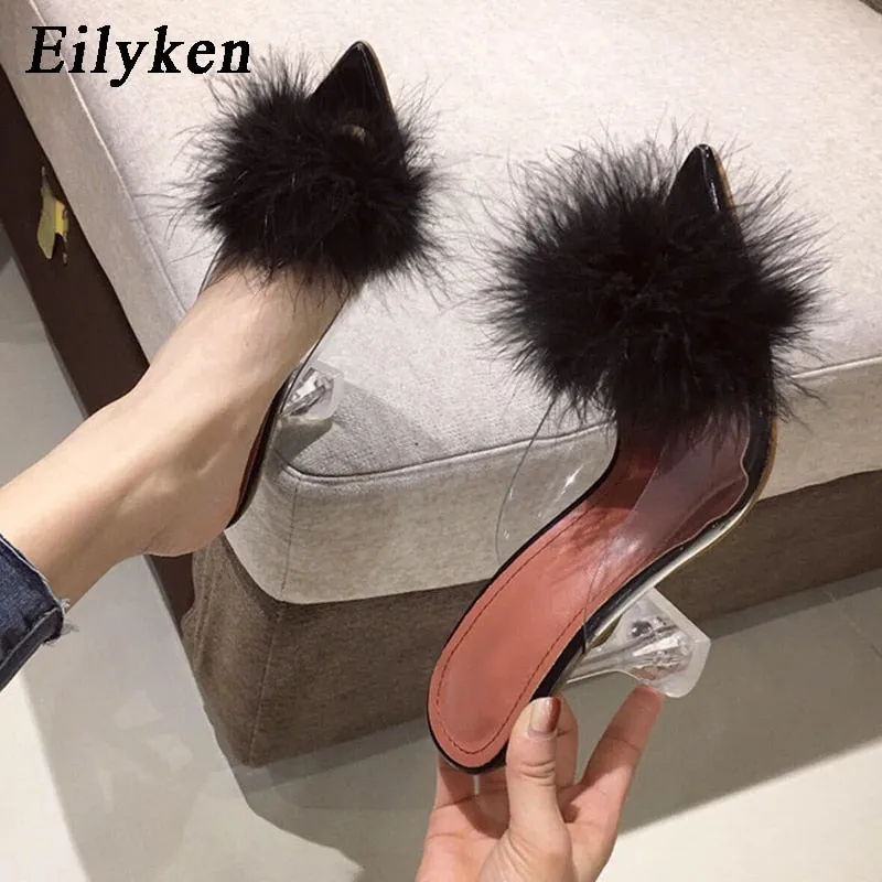 Transparent Feather High Heels Fur Slippers Woman Peep Toe Mules Lady Pumps Slides White Shoes Pom Pom Purin Slippers