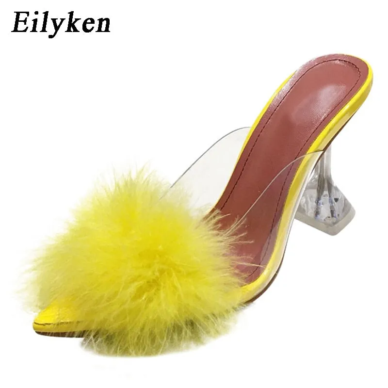 Transparent Feather High Heels Fur Slippers Woman Peep Toe Mules Lady Pumps Slides White Shoes Halloween Cookie Slippers