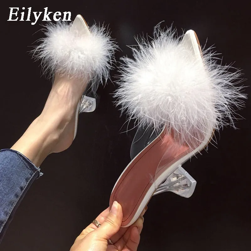 Transparent Feather High Heels Fur Slippers Woman Peep Toe Mules Lady Pumps Slides White Shoes Carpet Slippers