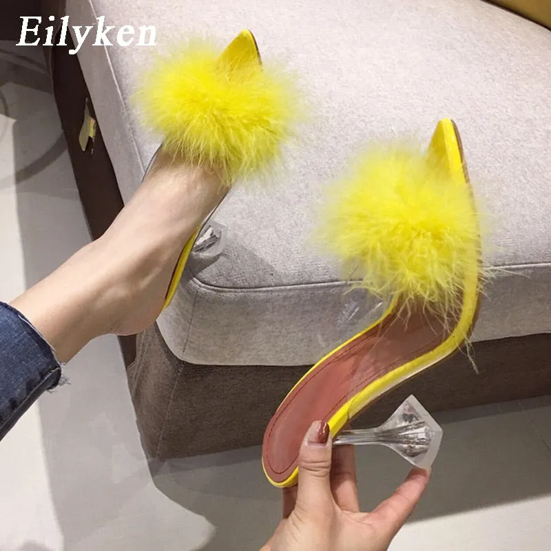 Transparent Feather High Heels Fur Slippers Woman Peep Toe Mules Lady Pumps Slides White Shoes Ae Grinch Slippers