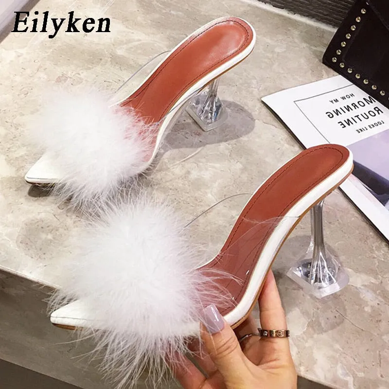 Moon Boot Slippers Transparent Feather High Heels Fur Slippers Woman Peep Toe Mules Lady Pumps Slides White Shoes