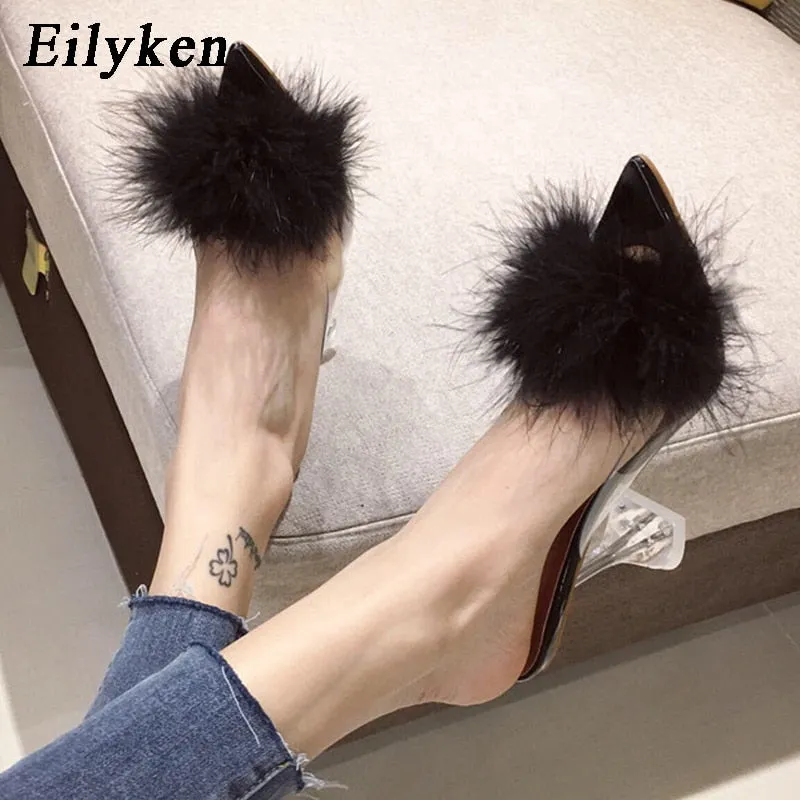 Slippers Size 4 Transparent Feather High Heels Fur Slippers Woman Peep Toe Mules Lady Pumps Slides White Shoes
