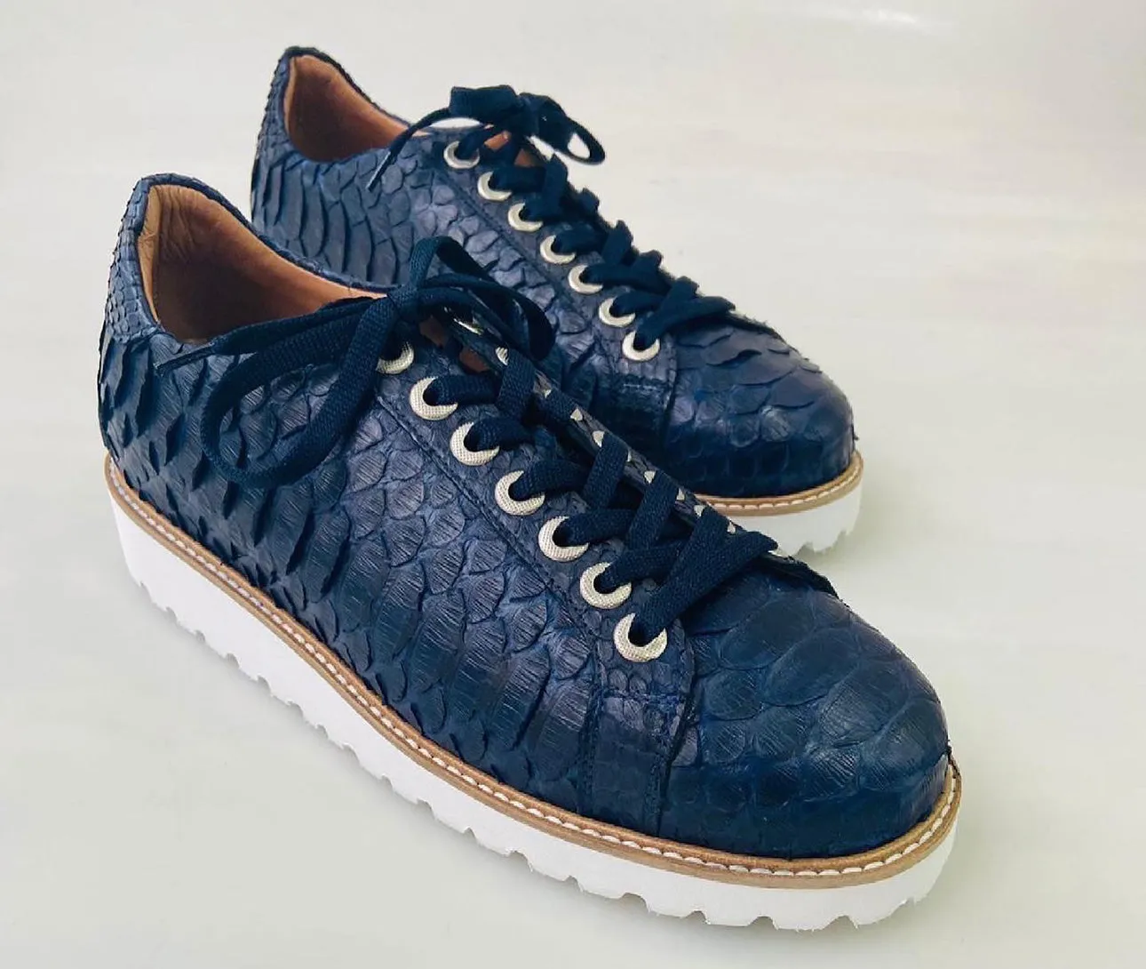 Tucci Di Lusso Mens Special Edition Navy Blue Real Python Skin Leather Handmade Luxury Sneakers Stretch Sneakers
