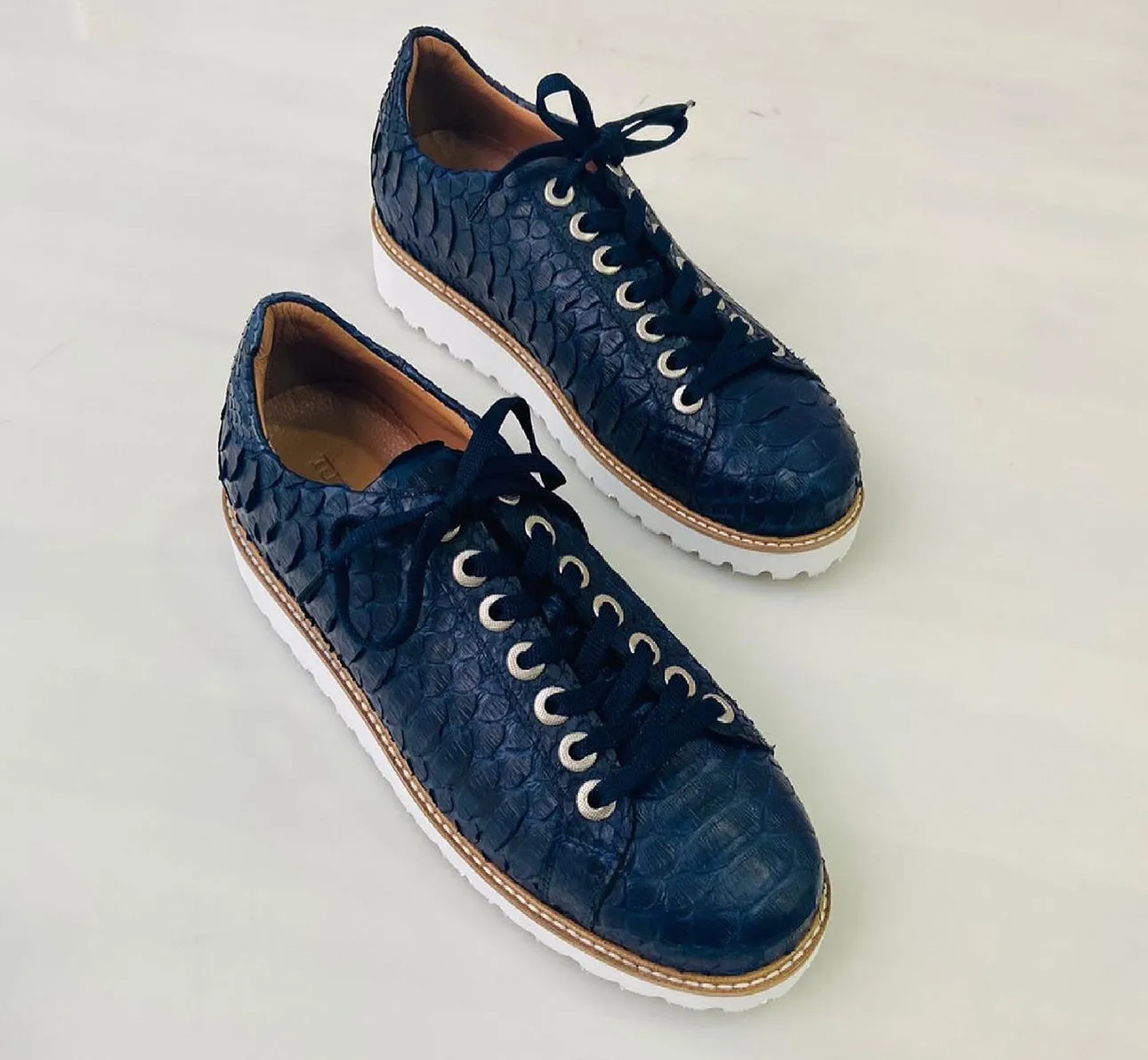 Tucci Di Lusso Mens Special Edition Navy Blue Real Python Skin Leather Handmade Luxury Sneakers Casual Slip On Sneakers