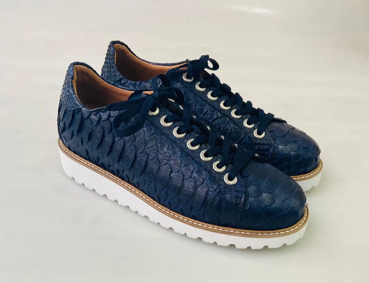 Tucci Di Lusso Mens Special Edition Navy Blue Real Python Skin Leather Handmade Luxury Sneakers Navy Sneakers