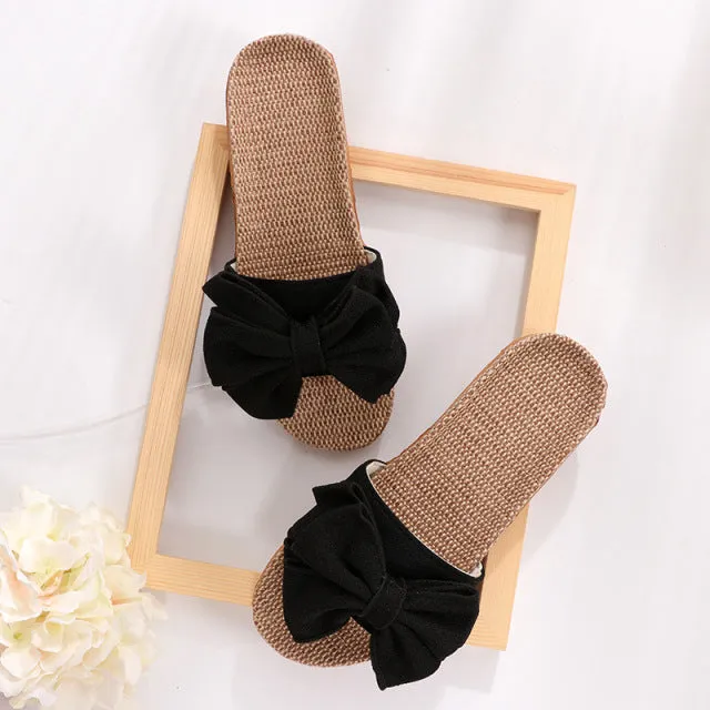 Glglgege Women Summer Casual Slides Comfortable Flax Slippers Striped Bow Linen Flip Flops Platform Sandals Ladies Indoor Shoes Cloudstepper Flip Flops