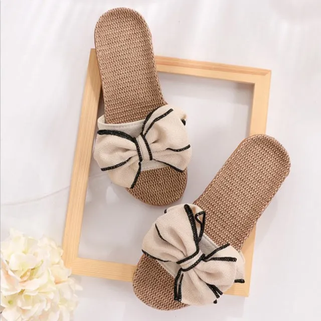 Glglgege Women Summer Casual Slides Comfortable Flax Slippers Striped Bow Linen Flip Flops Platform Sandals Ladies Indoor Shoes Flip Flops That You Can Change The Straps