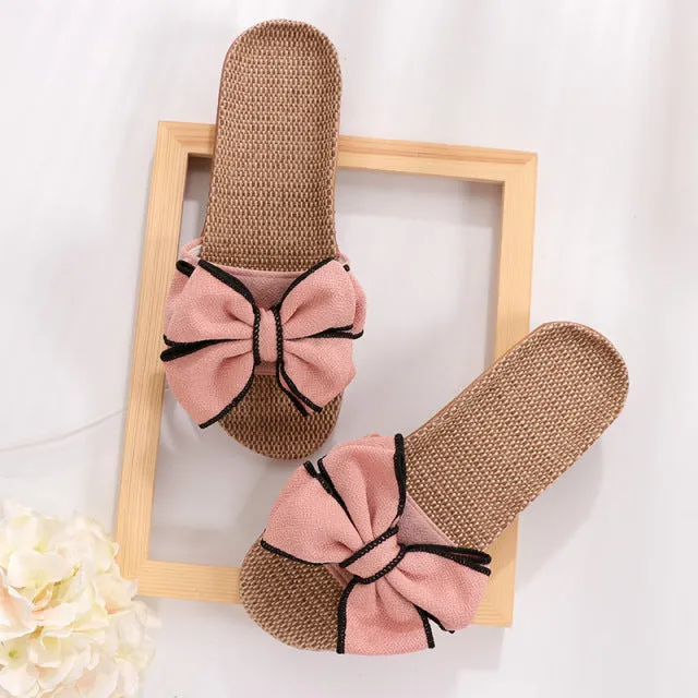 Glglgege Women Summer Casual Slides Comfortable Flax Slippers Striped Bow Linen Flip Flops Platform Sandals Ladies Indoor Shoes Sexy Soles In Flip Flops