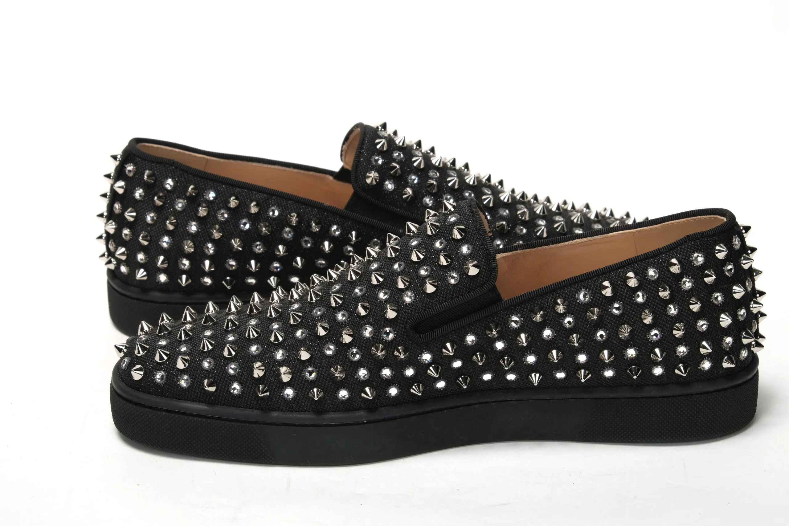 Loafers Slip Off Heel Christian Louboutin Black/Crystal Sv Version Roller 1c1s Flat Shoes
