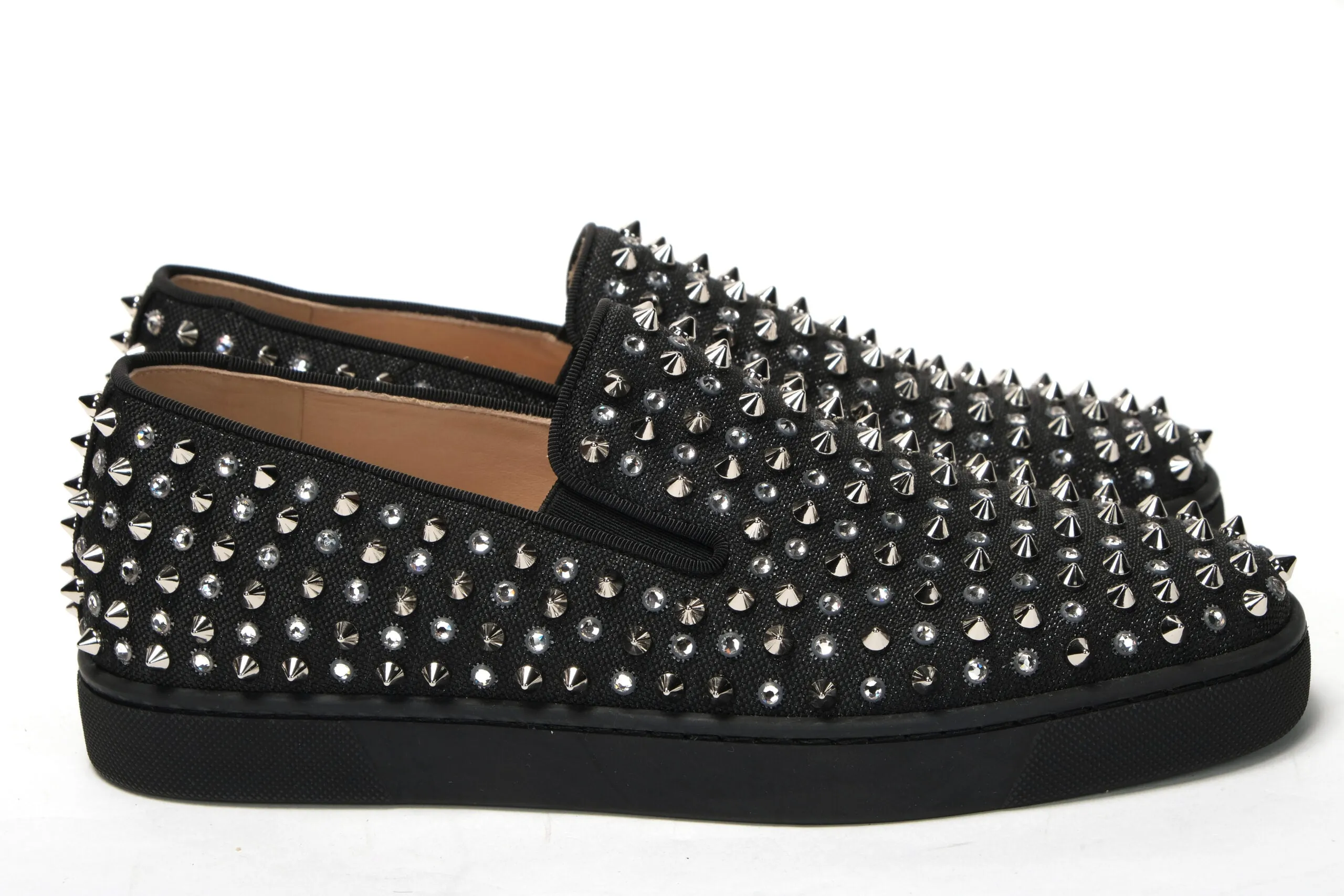 Christian Louboutin Black/Crystal Sv Version Roller 1c1s Flat Shoes Wide Leg Jeans With Loafers