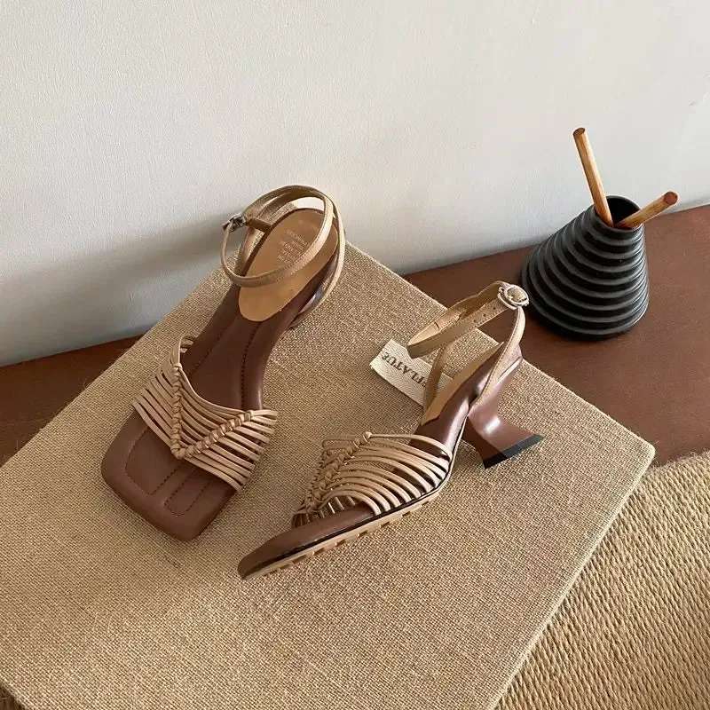 Terrain Sandals binfenxie  -  2024 HOT New Weave Leather  Pu Women Sandals Strange High Heels Summer Sandals Ladies Party Dress Shoes Female