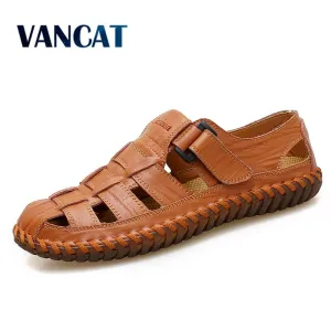 Best Hiking Sandals VANCAT New Summer Men Sandals 2019 Leisure Beach Men Shoes High Quality Genuine Leather Sandals The Men's Sandals Big size 39-47