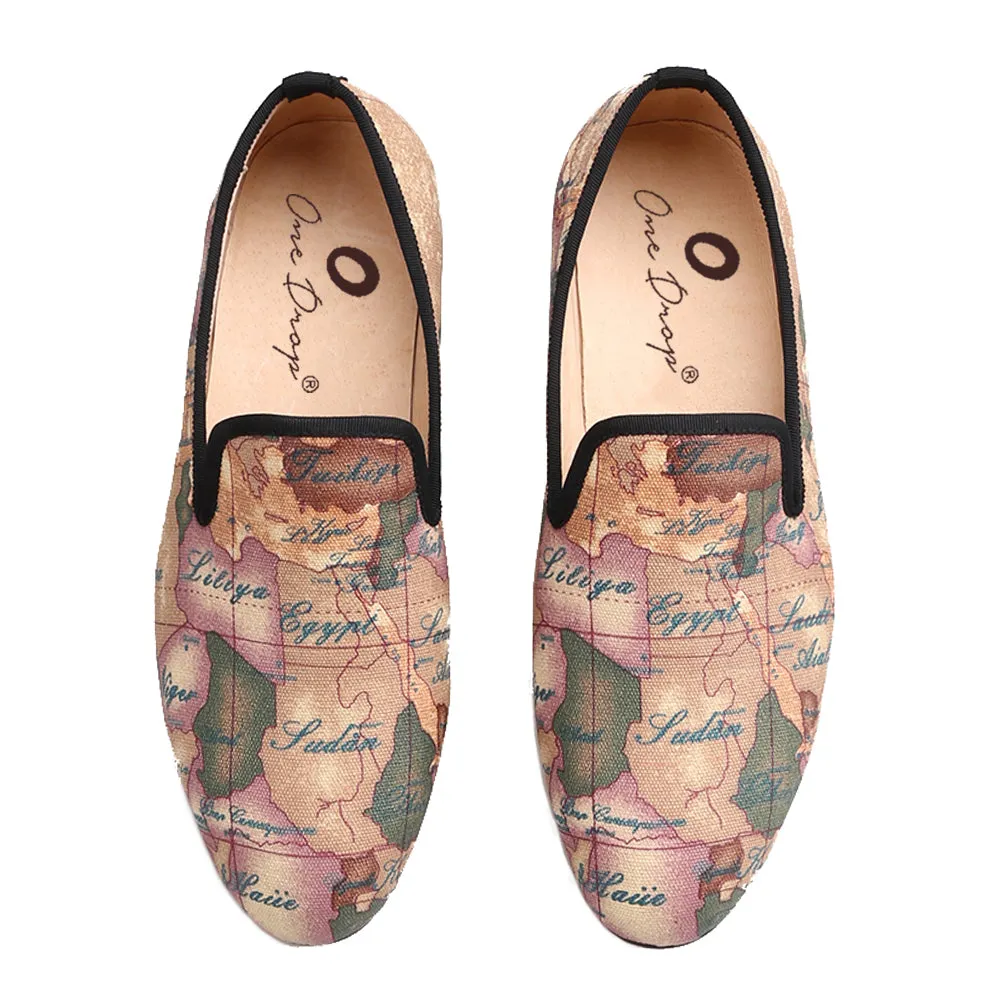 Club Slippers OneDrop Handcraft Men Fabric Dress Shoes Globe Printing Slippers Party Wedding Prom Loafers