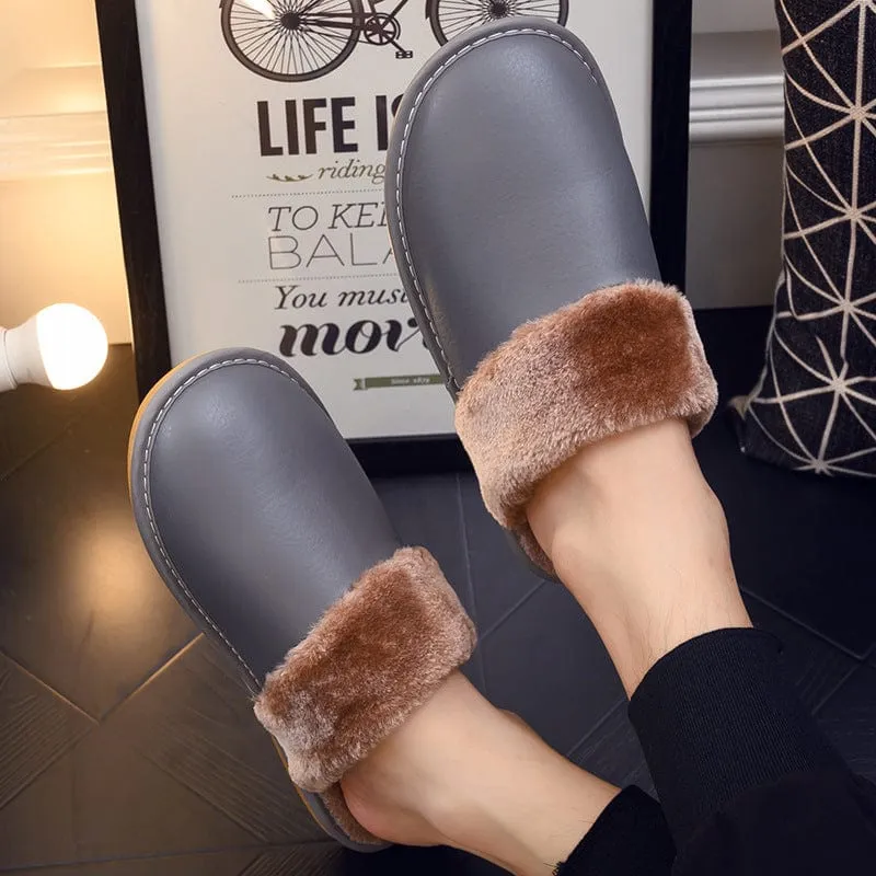 Waterproof PU Leather Outsole Slippers Home Boots Slippers