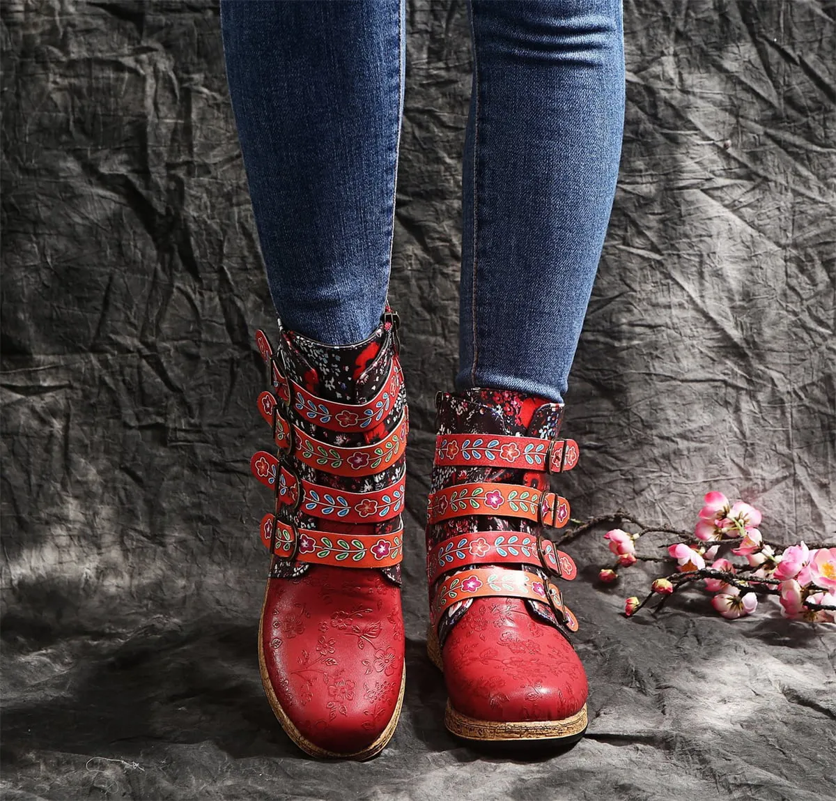 Chunky Work Boots Women's Retro Floral Biker Flat Ankle Boots Faux Leather Zip Buckle Combat Shoes