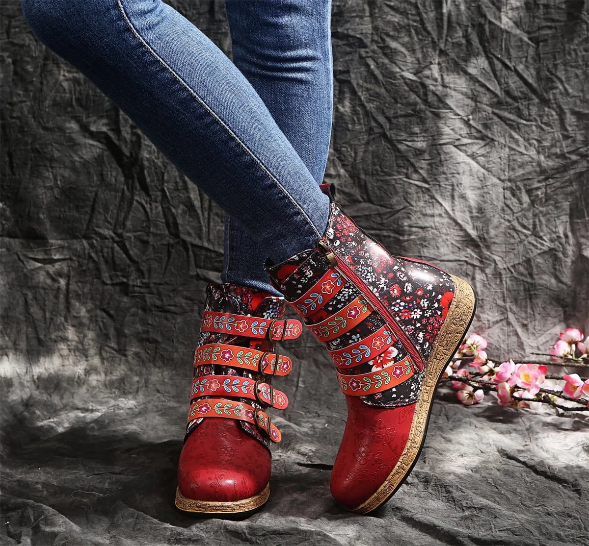 Work Boots With Zipper On The Side Women's Retro Floral Biker Flat Ankle Boots Faux Leather Zip Buckle Combat Shoes