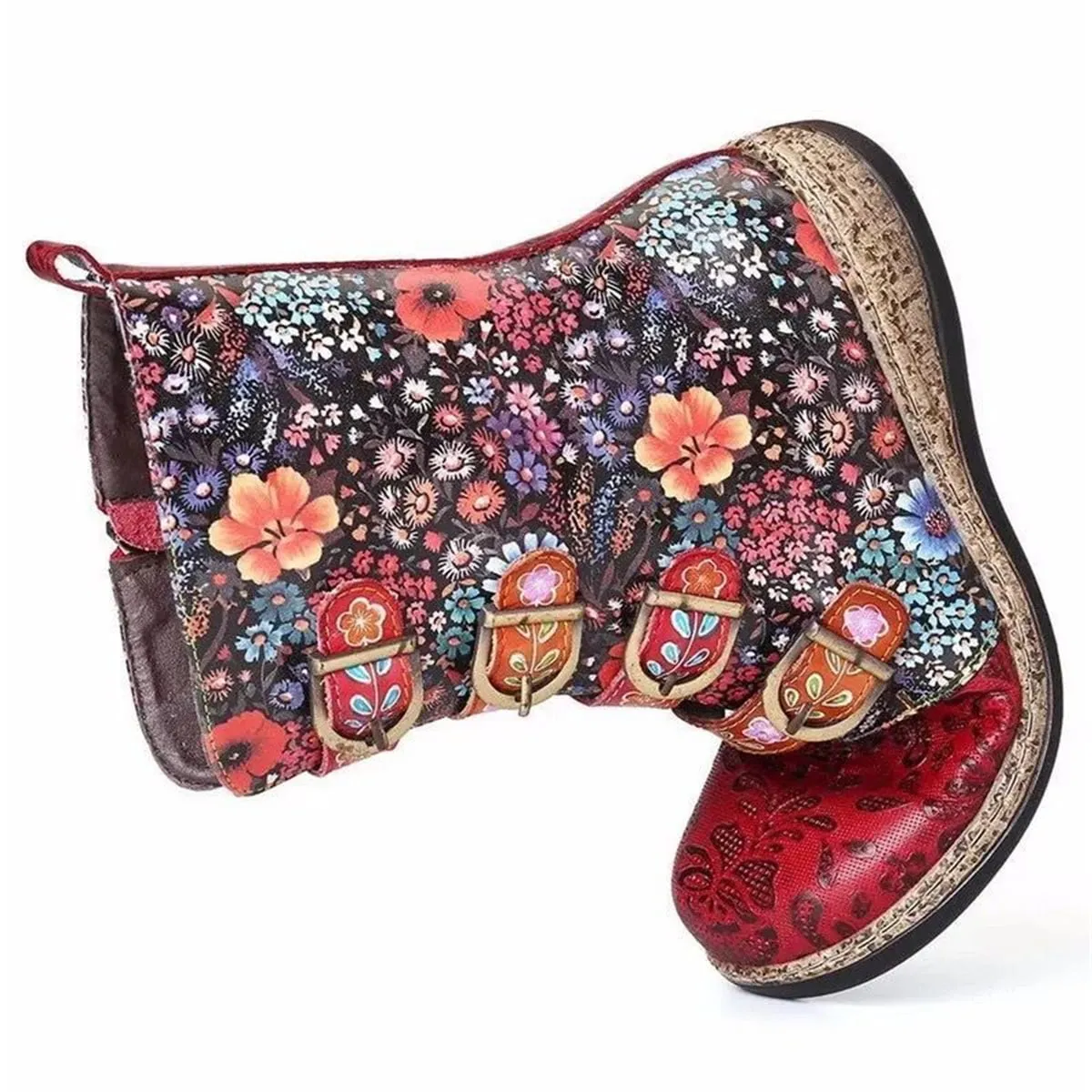 Women's Retro Floral Biker Flat Ankle Boots Faux Leather Zip Buckle Combat Shoes Pro Wedge Work Boots