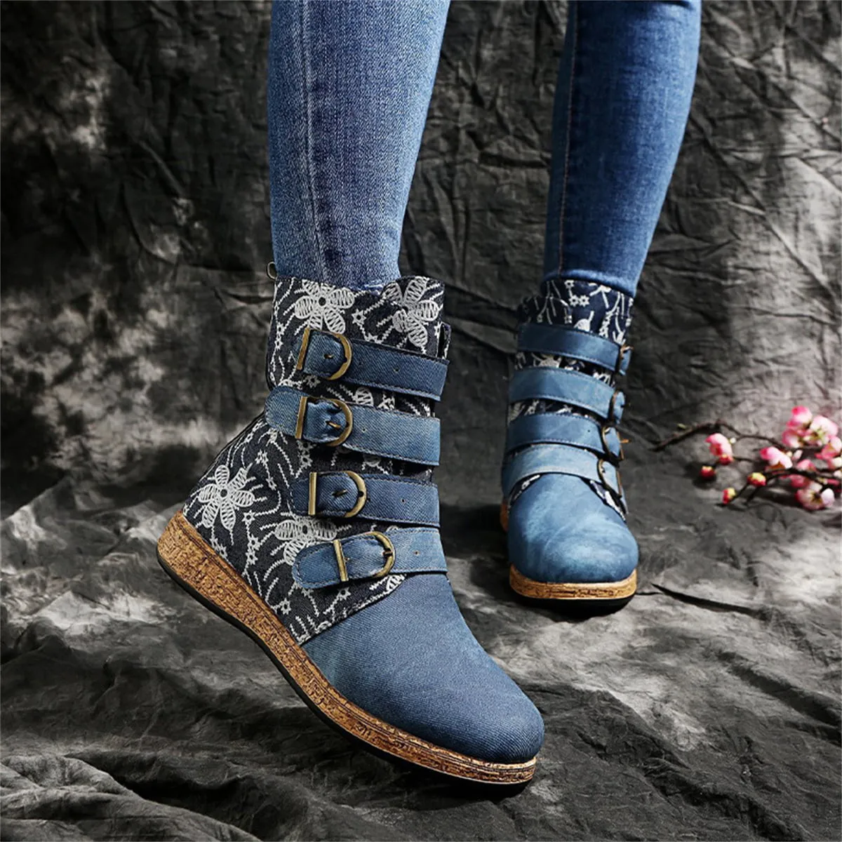 Work Boots Astm F2413-11 Women's Retro Floral Biker Flat Ankle Boots Faux Leather Zip Buckle Combat Shoes