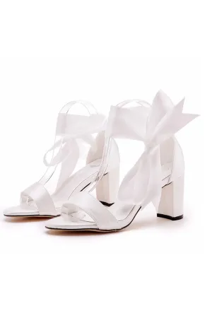 Wedding Shoes Peep Toe Sandals Chunky Heel Satin With Ribbon Tie Bow-Knot Velcro Sandals