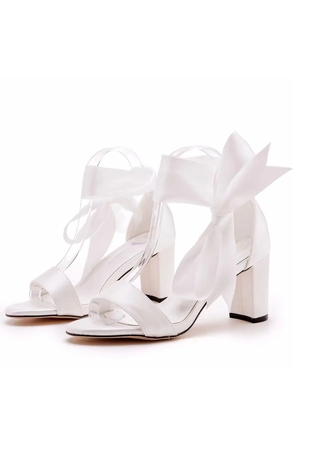 Frye Sandals Wedding Shoes Peep Toe Sandals Chunky Heel Satin With Ribbon Tie Bow-Knot