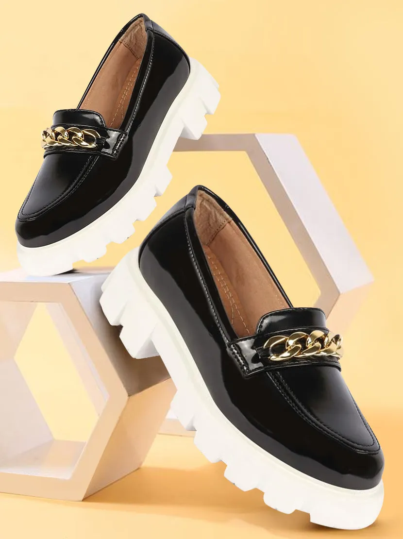 Walking Loafers Women Black Patent Leather Shiny Chain Buckle Classic Casual Slip On Loafer Shoes