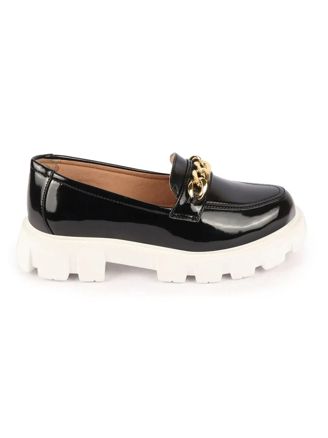 Women Black Patent Leather Shiny Chain Buckle Classic Casual Slip On Loafer Shoes Loafers Snake Print