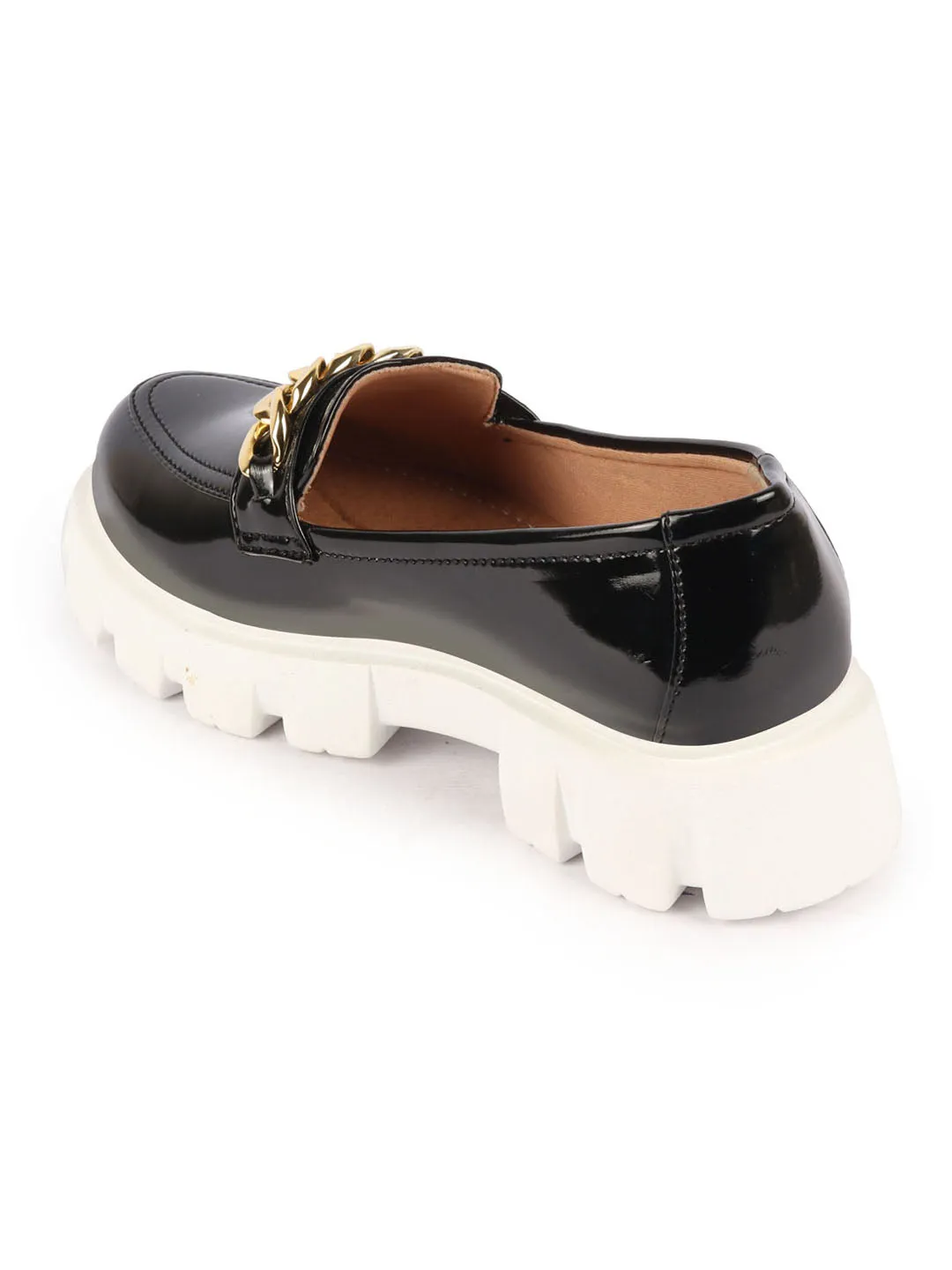 Platform Penny Loafers Women Black Patent Leather Shiny Chain Buckle Classic Casual Slip On Loafer Shoes
