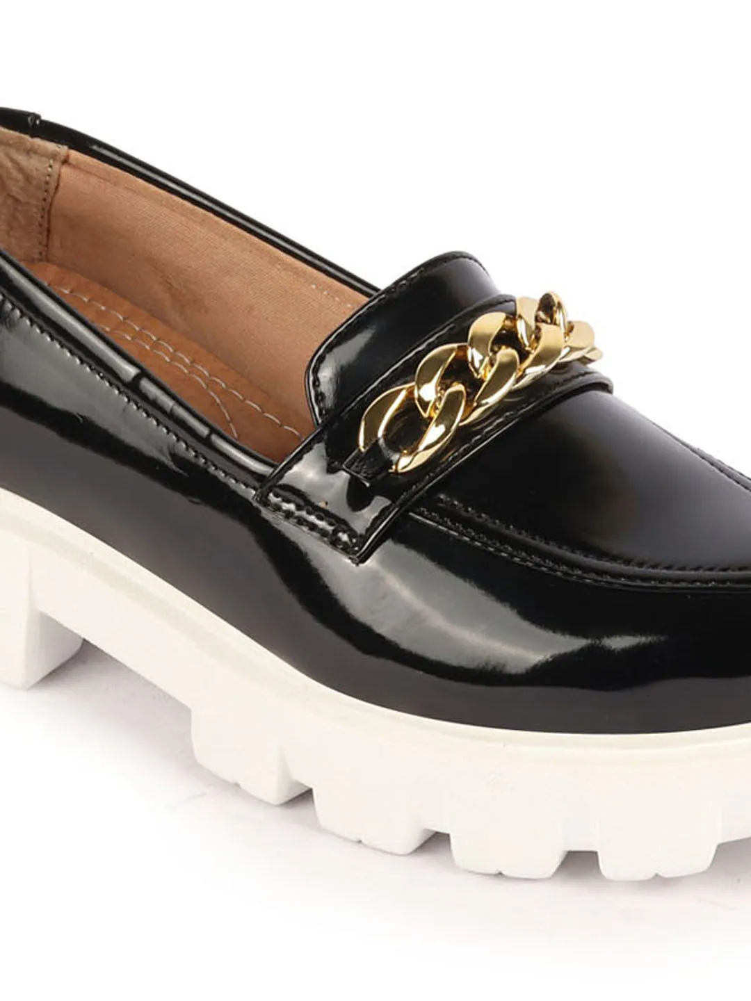 Women Black Patent Leather Shiny Chain Buckle Classic Casual Slip On Loafer Shoes Roxy Loafers