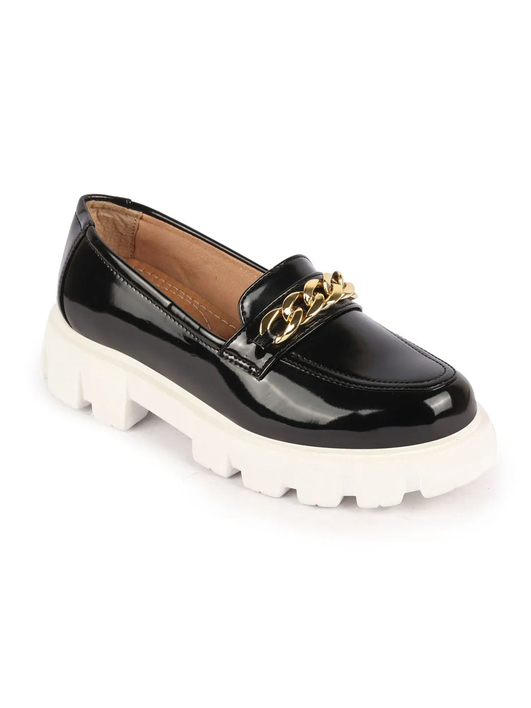 Women Black Patent Leather Shiny Chain Buckle Classic Casual Slip On Loafer Shoes Handmade Loafers