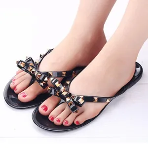 Women Fashion Studded Bow Jelly Sandals Summer Beach Flip Flips Best Flip Flops For Bunions