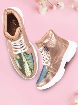 Women Golden High Ankle Lace Up Embellished Sneakers Bull Sneakers