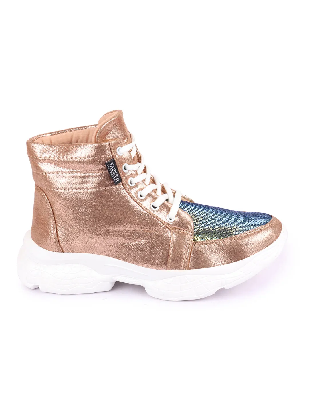 Women Golden High Ankle Lace Up Embellished Sneakers Lagerfeld Sneakers