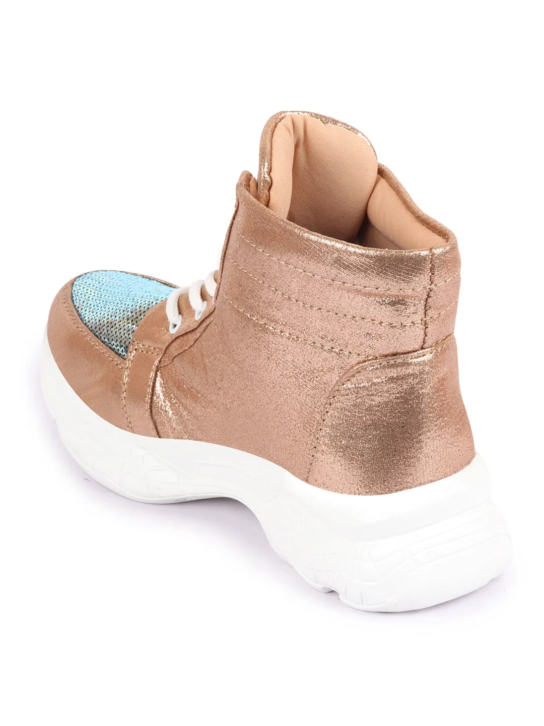 Women Golden High Ankle Lace Up Embellished Sneakers Outdoor Basketball Sneakers