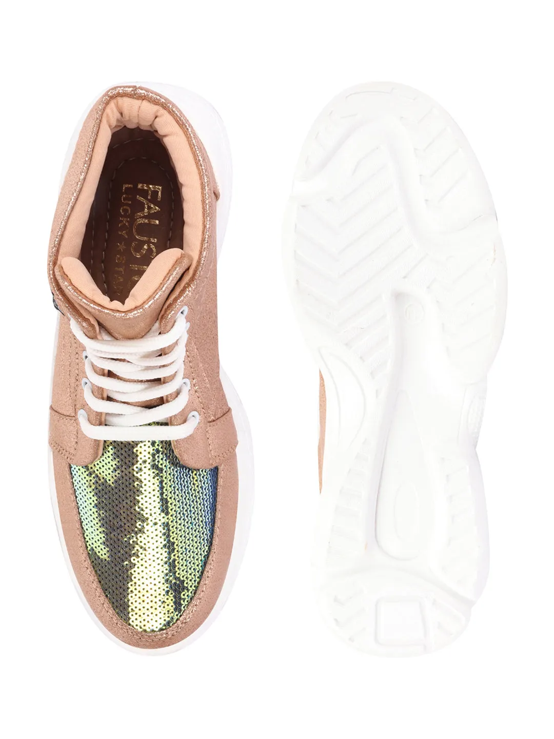 Women Golden High Ankle Lace Up Embellished Sneakers Good Sneakers For Pronation