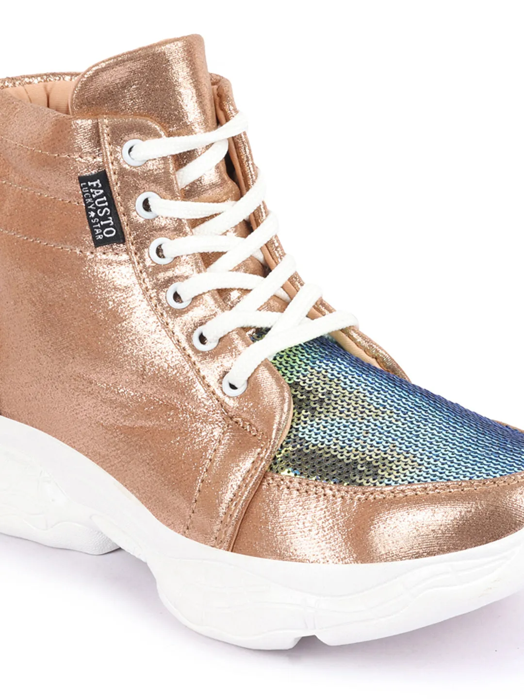 Platform Slip On Sneakers Women Golden High Ankle Lace Up Embellished Sneakers