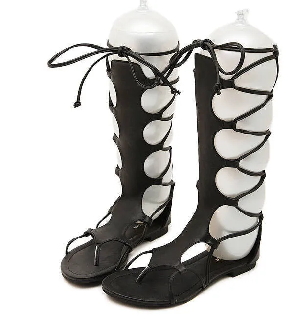 Summer Sandals And Flip Flops Women Knee High Gladiator Sandals Hollow Out Size 35-40 PU Leather Summer Open Toe Black/Brown Flip Flops Flat Sandals