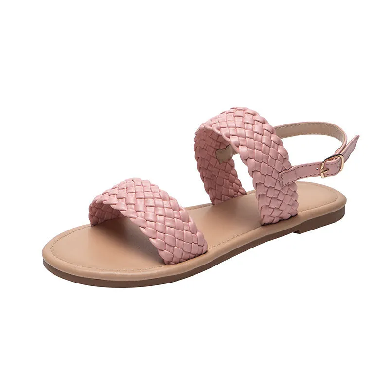 Women Shoes Summer Weave Sandals Flat Beach Shoes Flat Ankle Tie Shoes